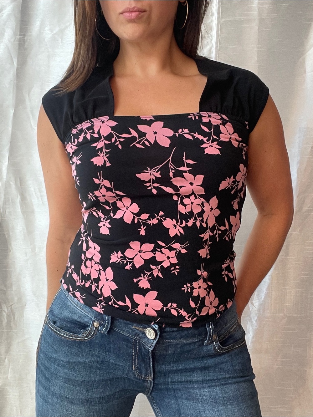 Vintage Y2K Floral Top Womens Small Black Pink Fairy Coquette Dark Feminine